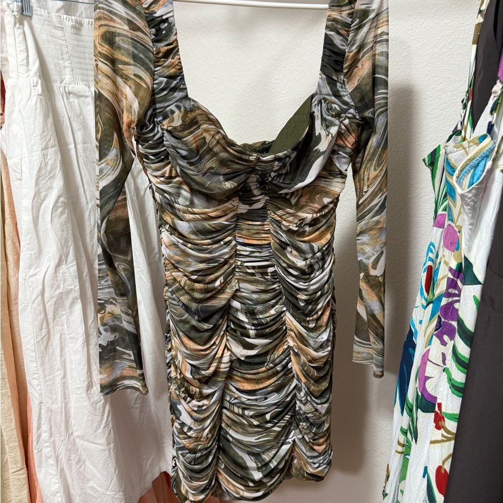 Zara Olive and Beige Ruched Dress